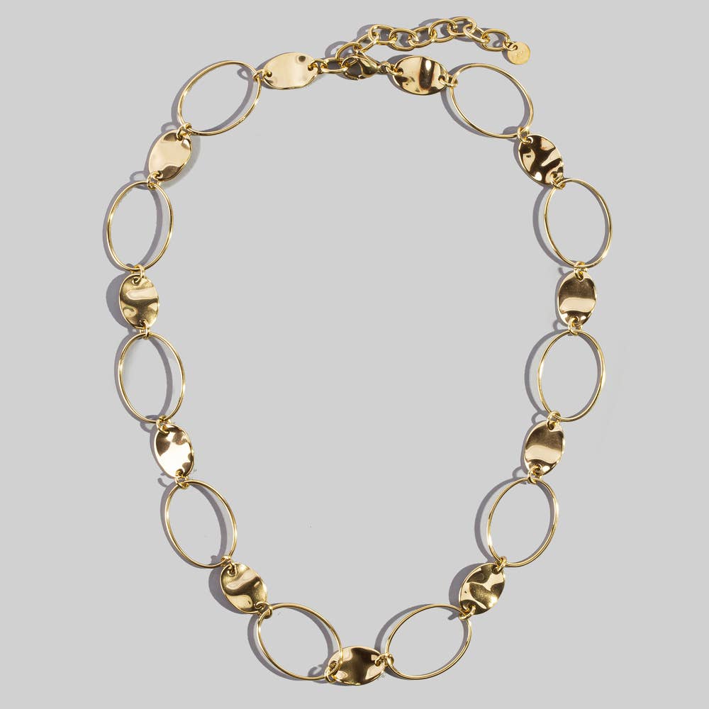 Gold Dipped Oval Link Hammered Disc Necklace: SGD