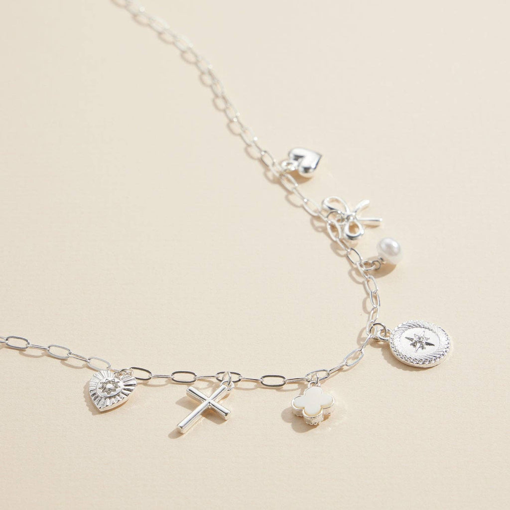 Charm Necklace with Heart, Cross, Compass & Bow Pendants: Gold / One / 4SN11043