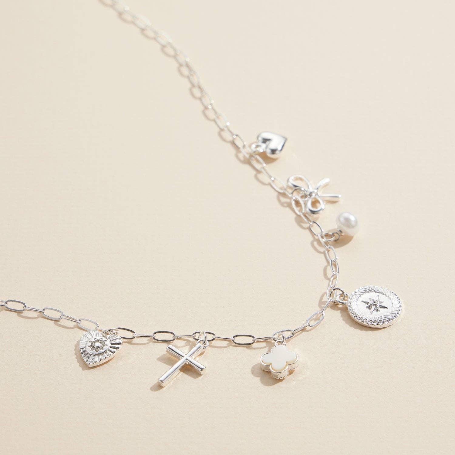 Charm Necklace with Heart, Cross, Compass & Bow Pendants: Gold / One / 4SN11043