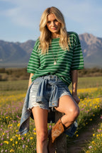 GRREN/WHITE Oversized Striped Knit Short Sleeve Top