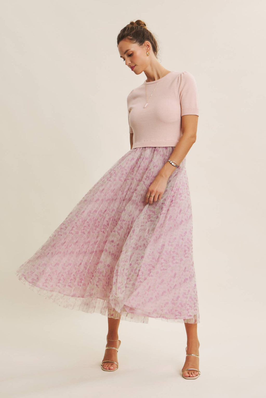 FIELD OF PLEATED WILDFLOWERS SWEATER TWOFER MIDI DRESS: PINK/LILAC