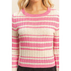 Horizontal Striped Crew Neck Sweater: PINK / S-M-L(2-2-2)