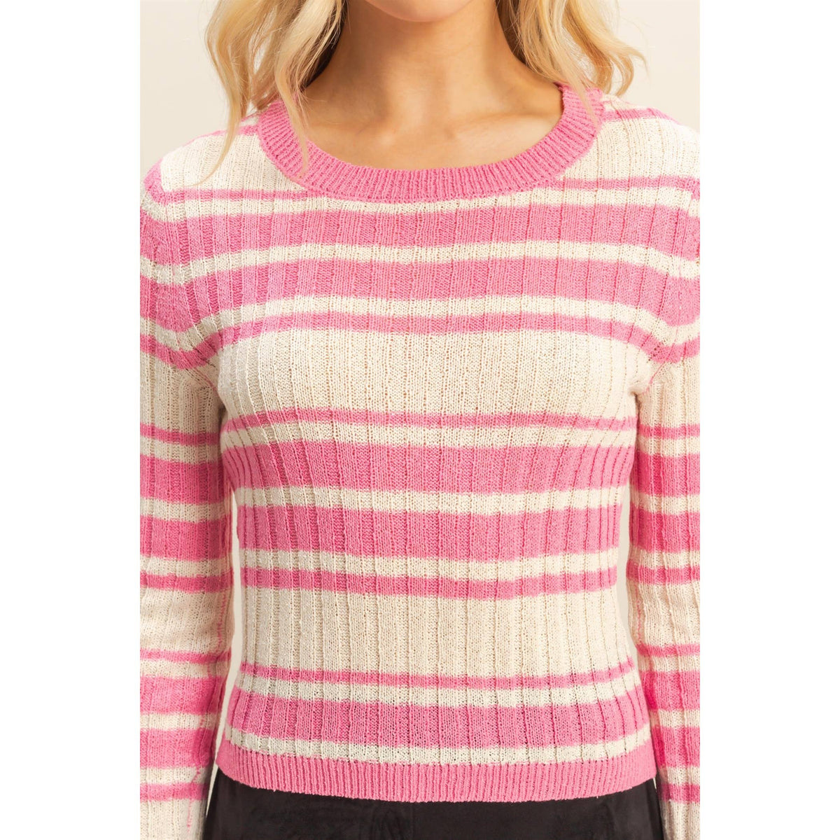 Horizontal Striped Crew Neck Sweater: PINK / S-M-L(2-2-2)