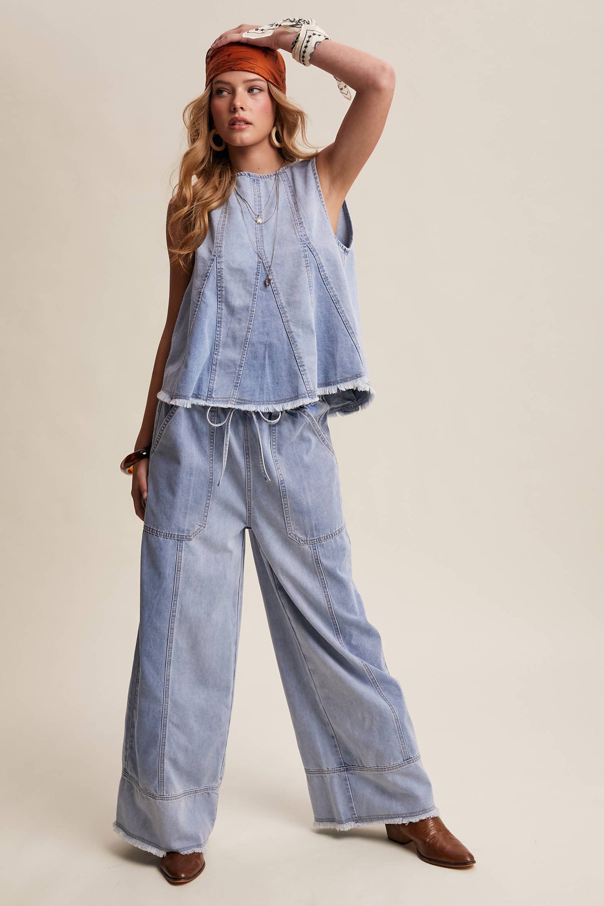Blue Haze Washed Denim Tank & Wide-Leg Pants Set