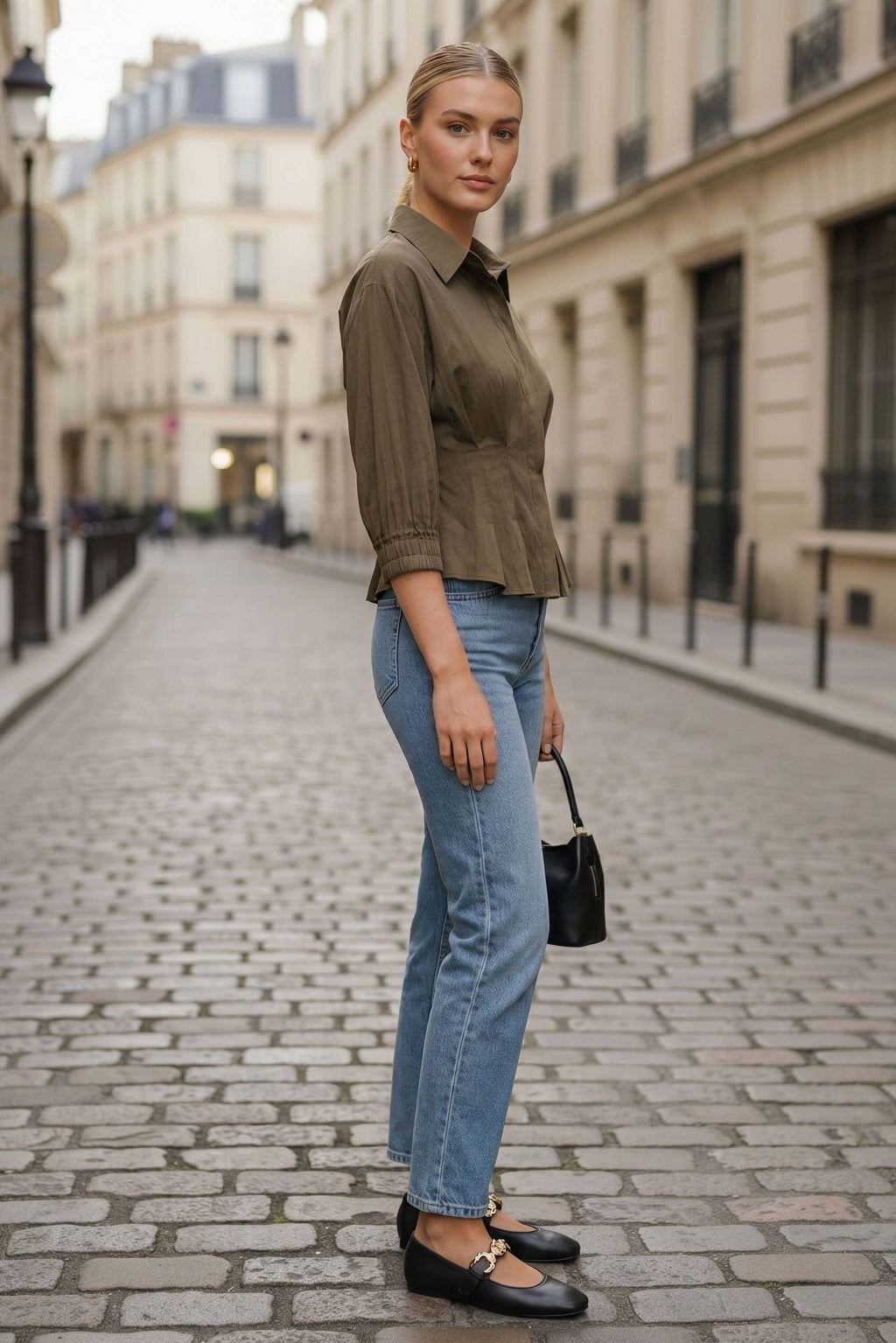 CHOCOLATE DART DETAIL 3/4 STEEVE BUTTON DOWN BLOUSE