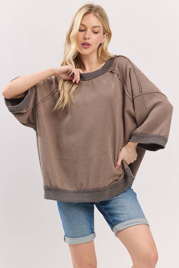 Mocha Mineral-Washed Oversized French Terry Top