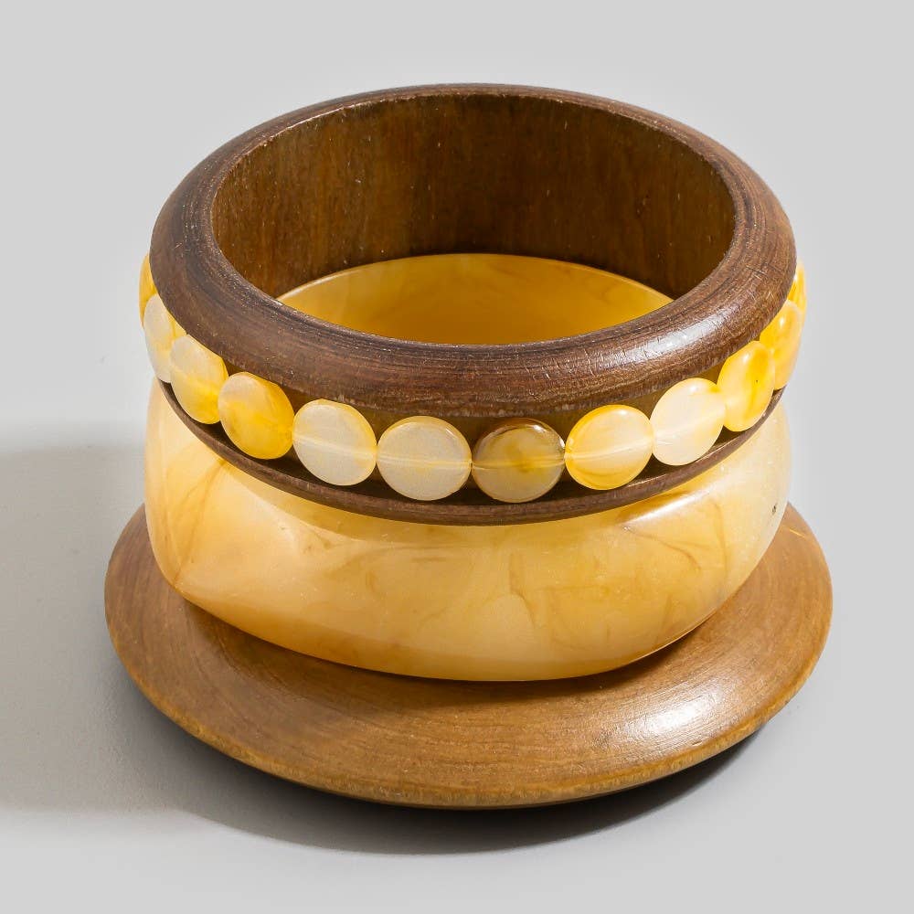 Wood And Resin Mixed Bangle Bracelet Set: BRN