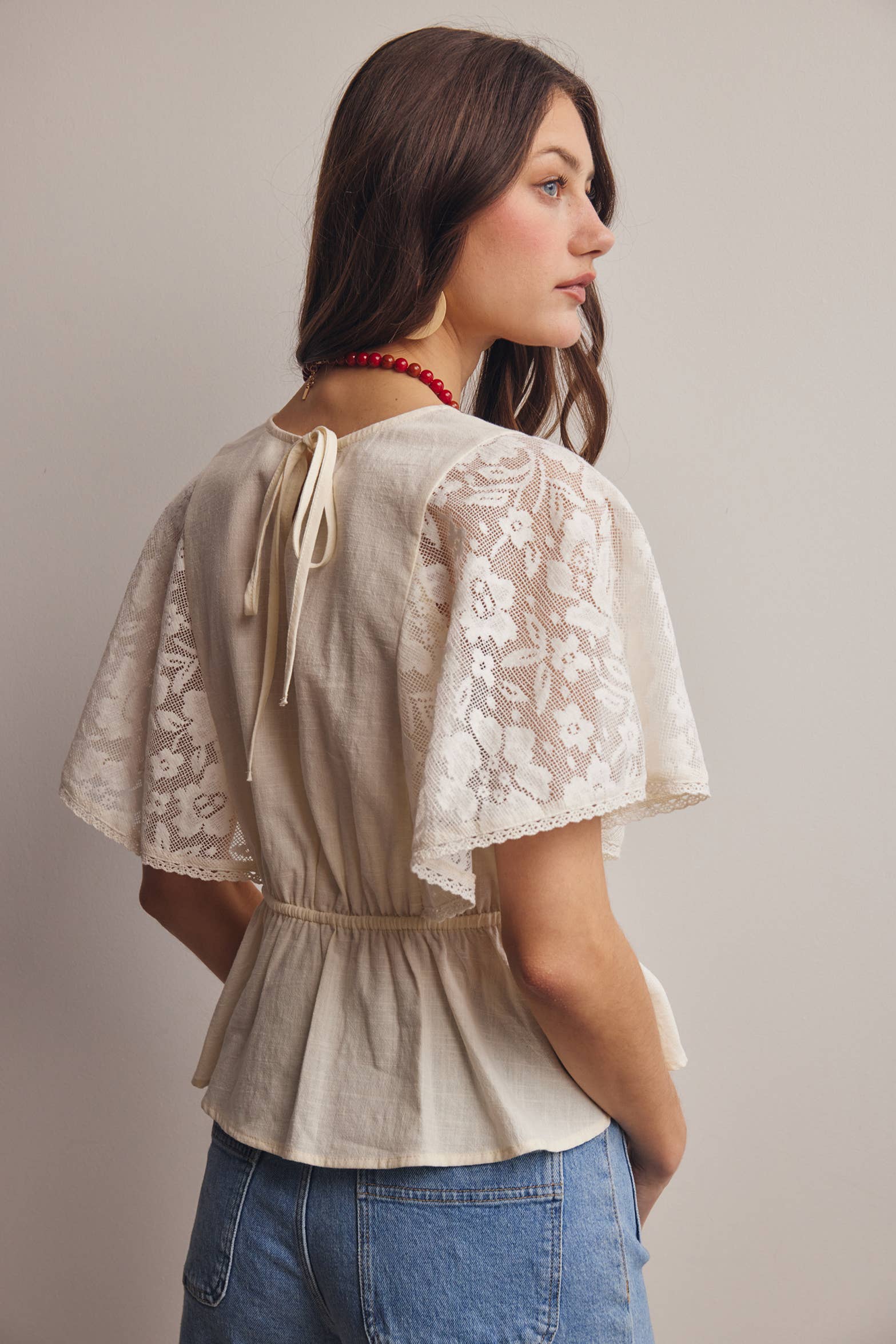 ASH Lace Cape Sleeve Cotton Peplum Top