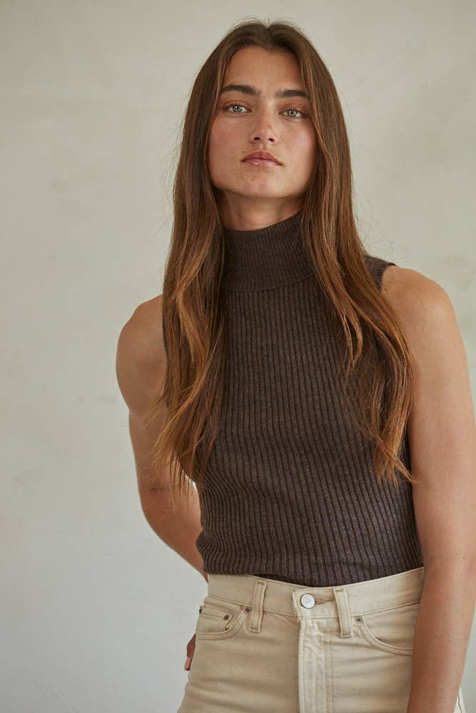 Knit Turtleneck Sleeveless Pullover Top: Dark Chocolate