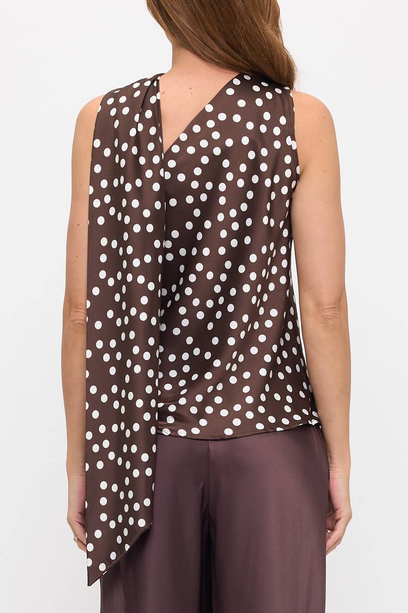BROWN Made in USA One Shoulder Polka Dot  Top w Scarf
