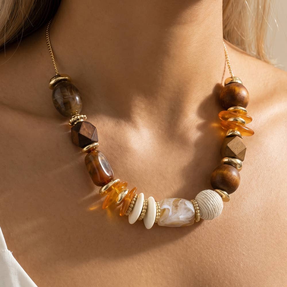 Chunky Wood Bead Statement Necklace: GDBRW