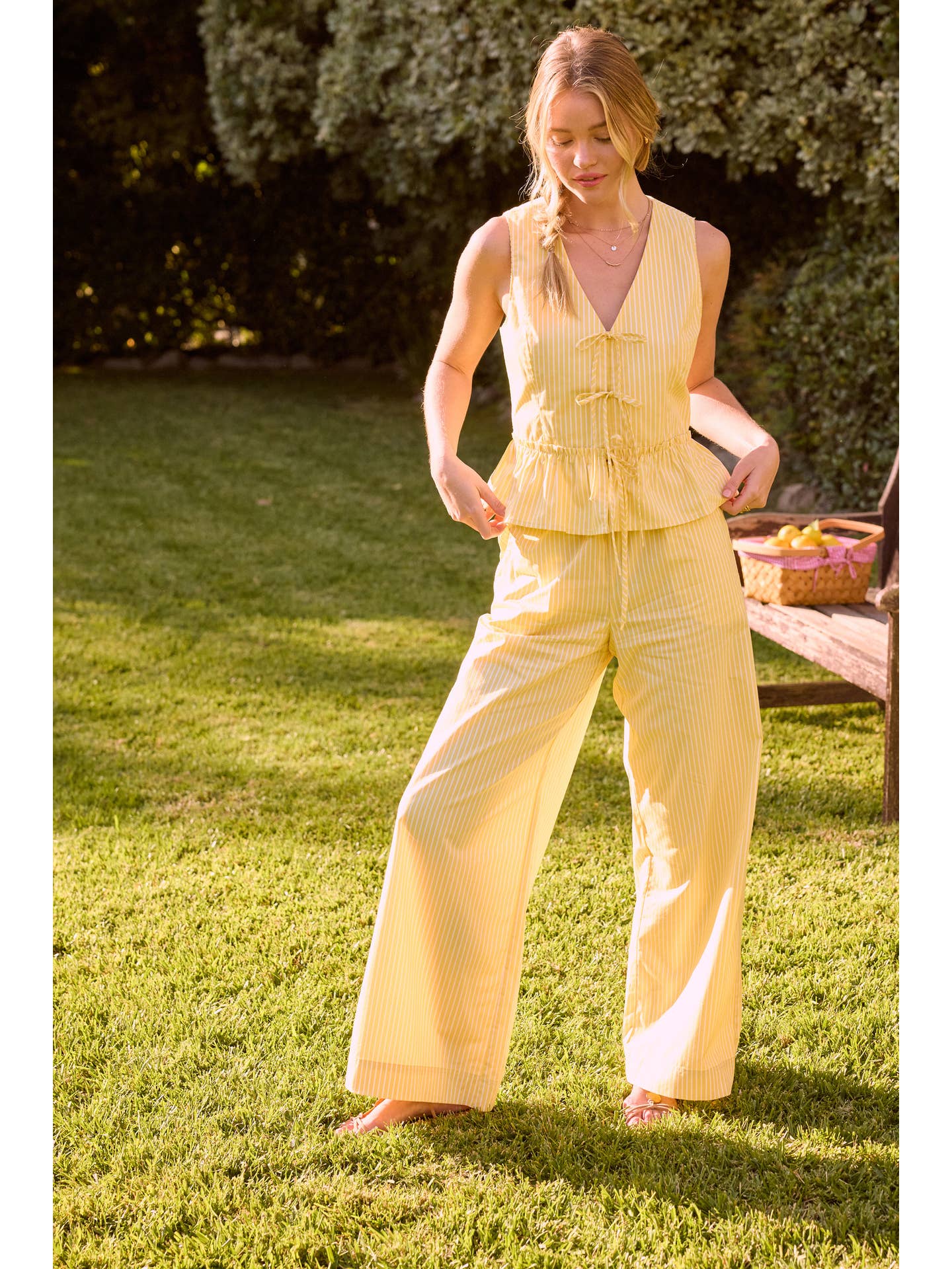 Yellow/White Stripe Double Waist Wide-Leg Pants