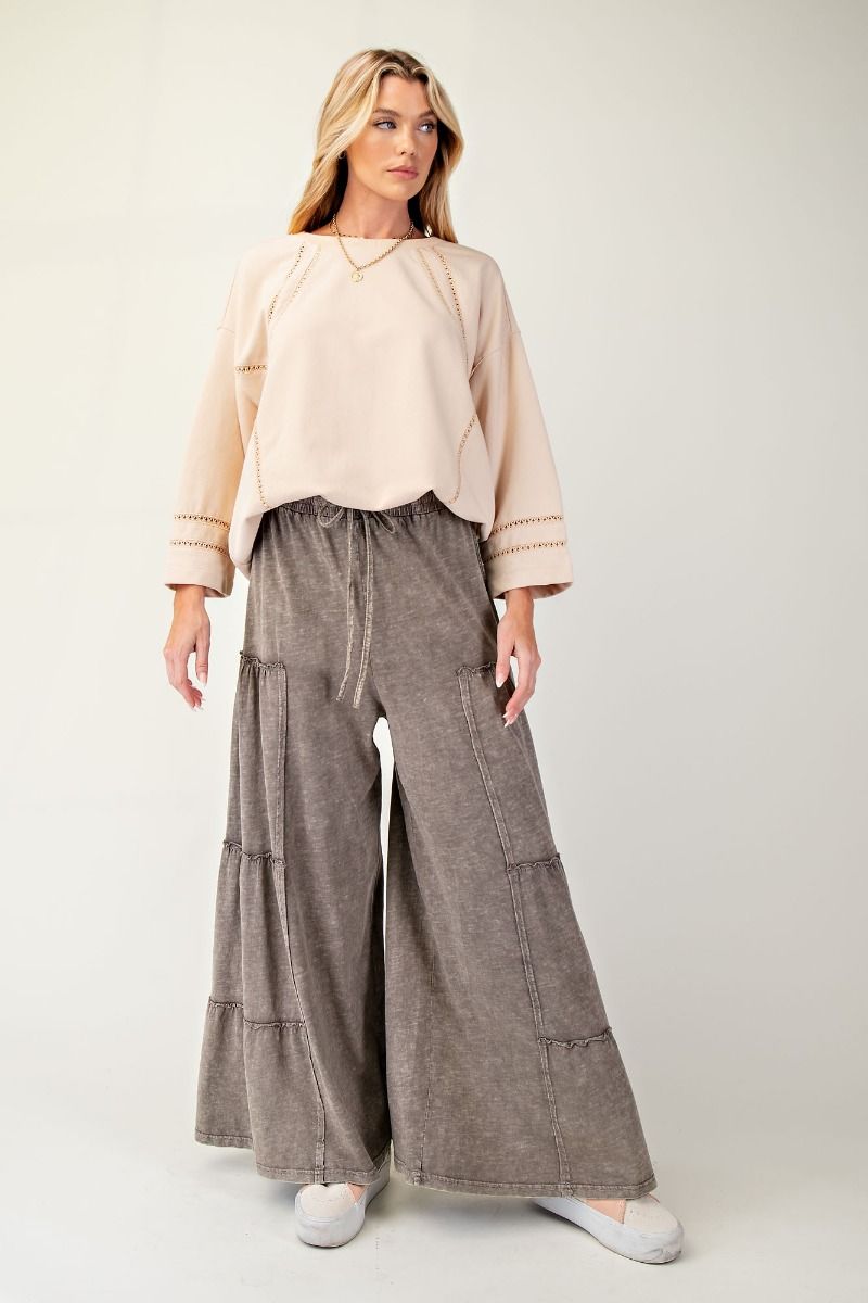 BLACK COTTON MINERAL WASHED TIERED PANTS
