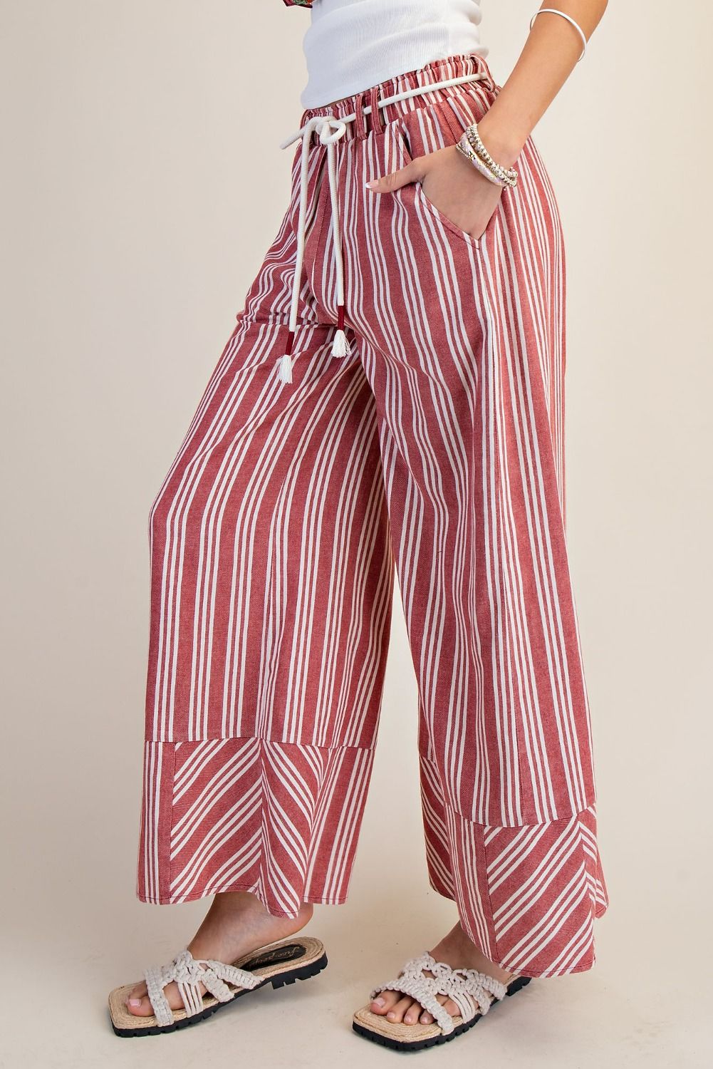Red Striped Rayon Linen Washed Palazzo Pants