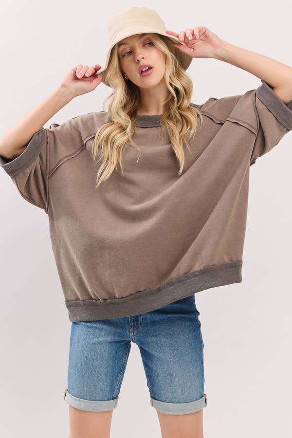Mocha Mineral-Washed Oversized French Terry Top
