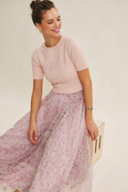 FIELD OF PLEATED WILDFLOWERS SWEATER TWOFER MIDI DRESS: PINK/LILAC