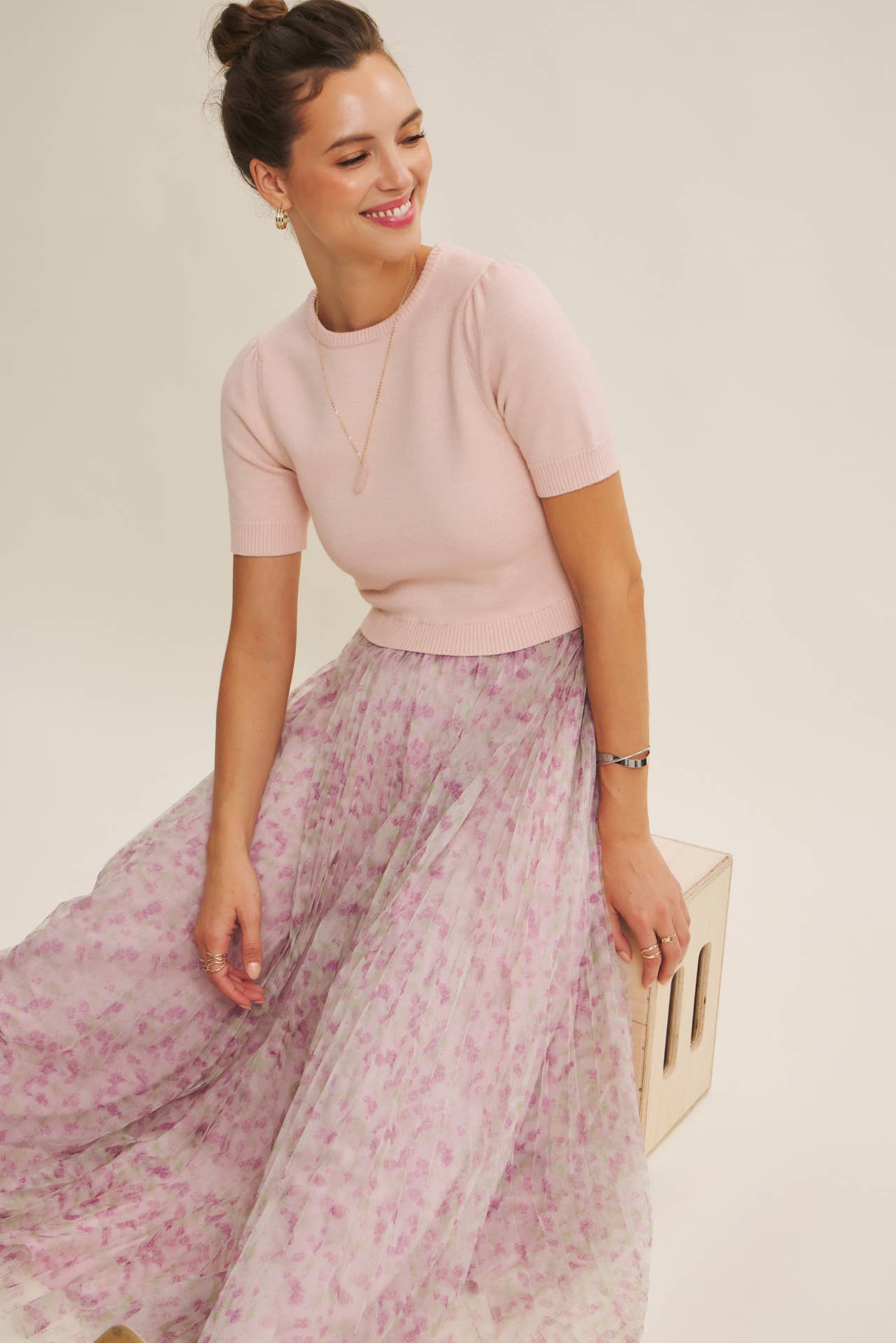 FIELD OF PLEATED WILDFLOWERS SWEATER TWOFER MIDI DRESS: PINK/LILAC