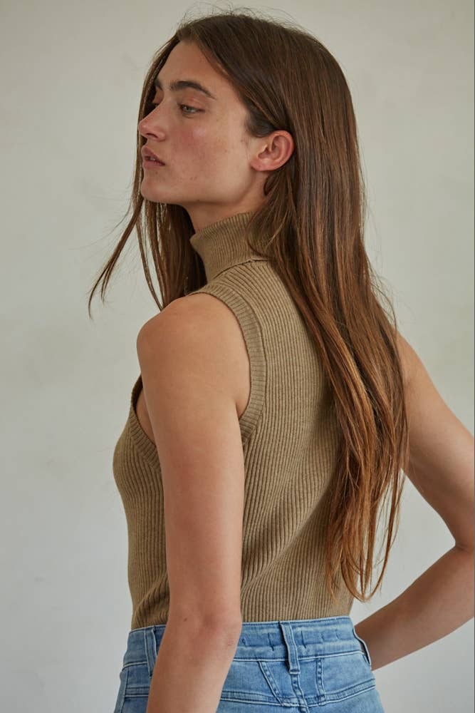 Knit Turtleneck Sleeveless Pullover Top: Dark Chocolate