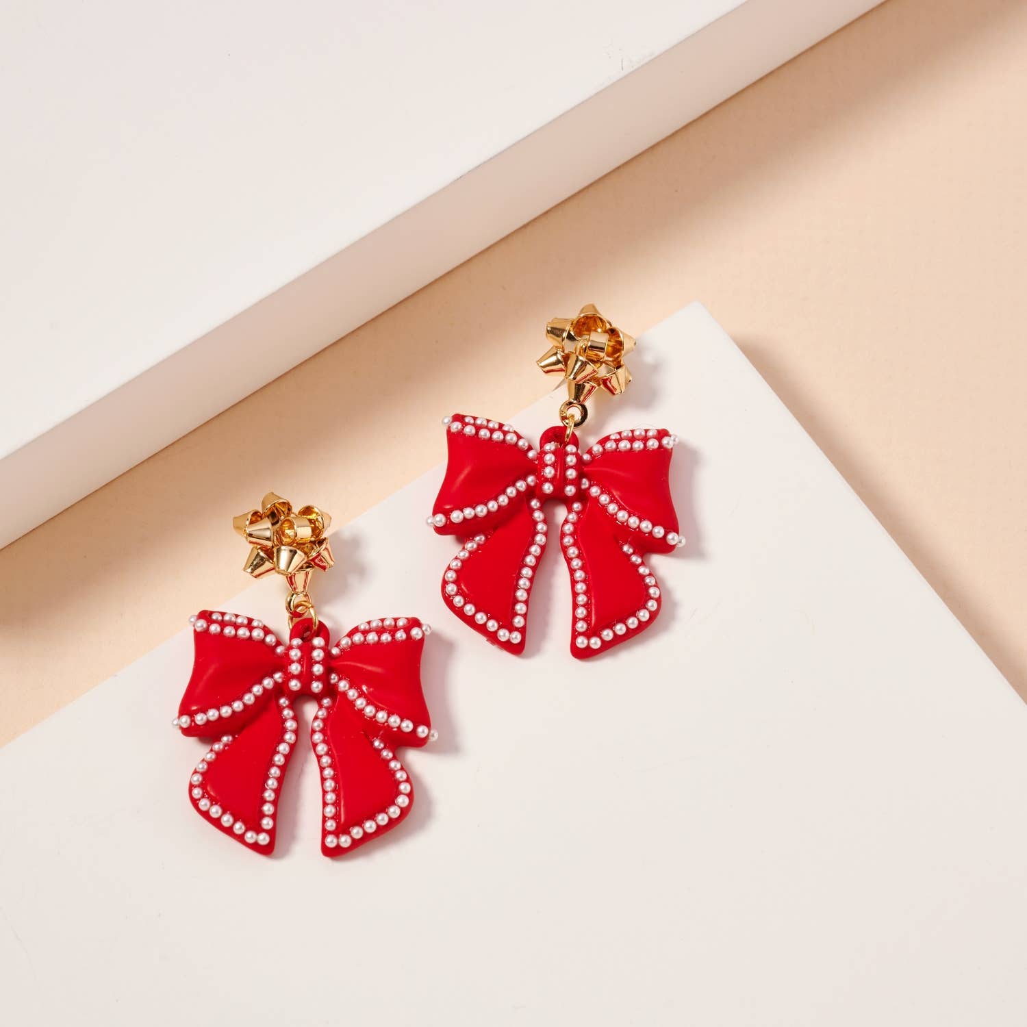 Christmas Bow Enamel Dangling Earrings: Red