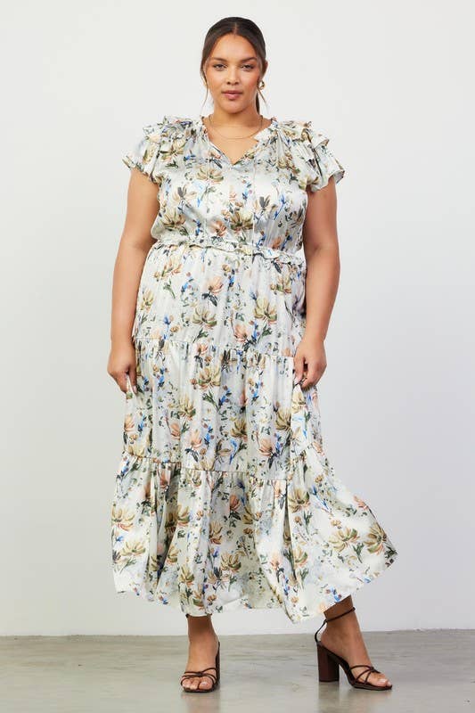 CREAM Floral Print Ruffled Short Sleeve Long Dress