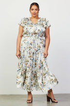 CREAM Floral Print Ruffled Short Sleeve Long Dress