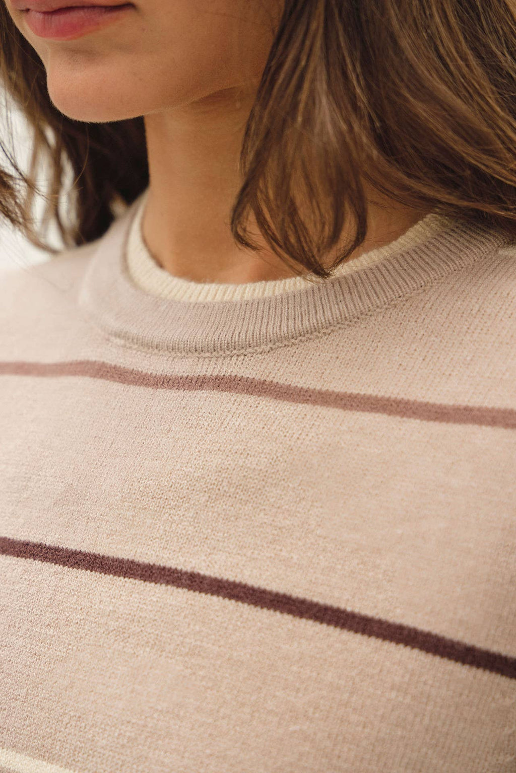 SAND DOUBLE LAYERED LOOK  STRIPE SWEATER TOP