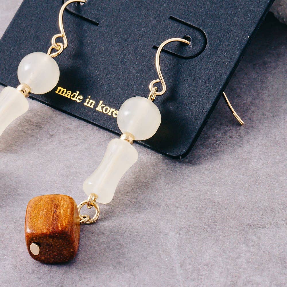 Glass And Wood Beads Dangle Earrings: MULTI