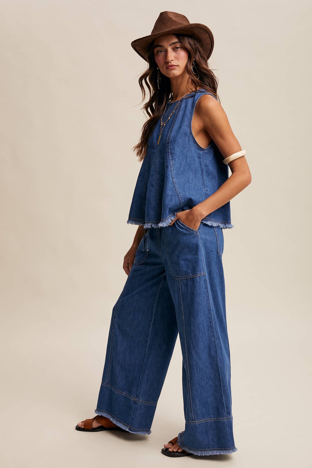 Blue Haze Washed Denim Tank & Wide-Leg Pants Set