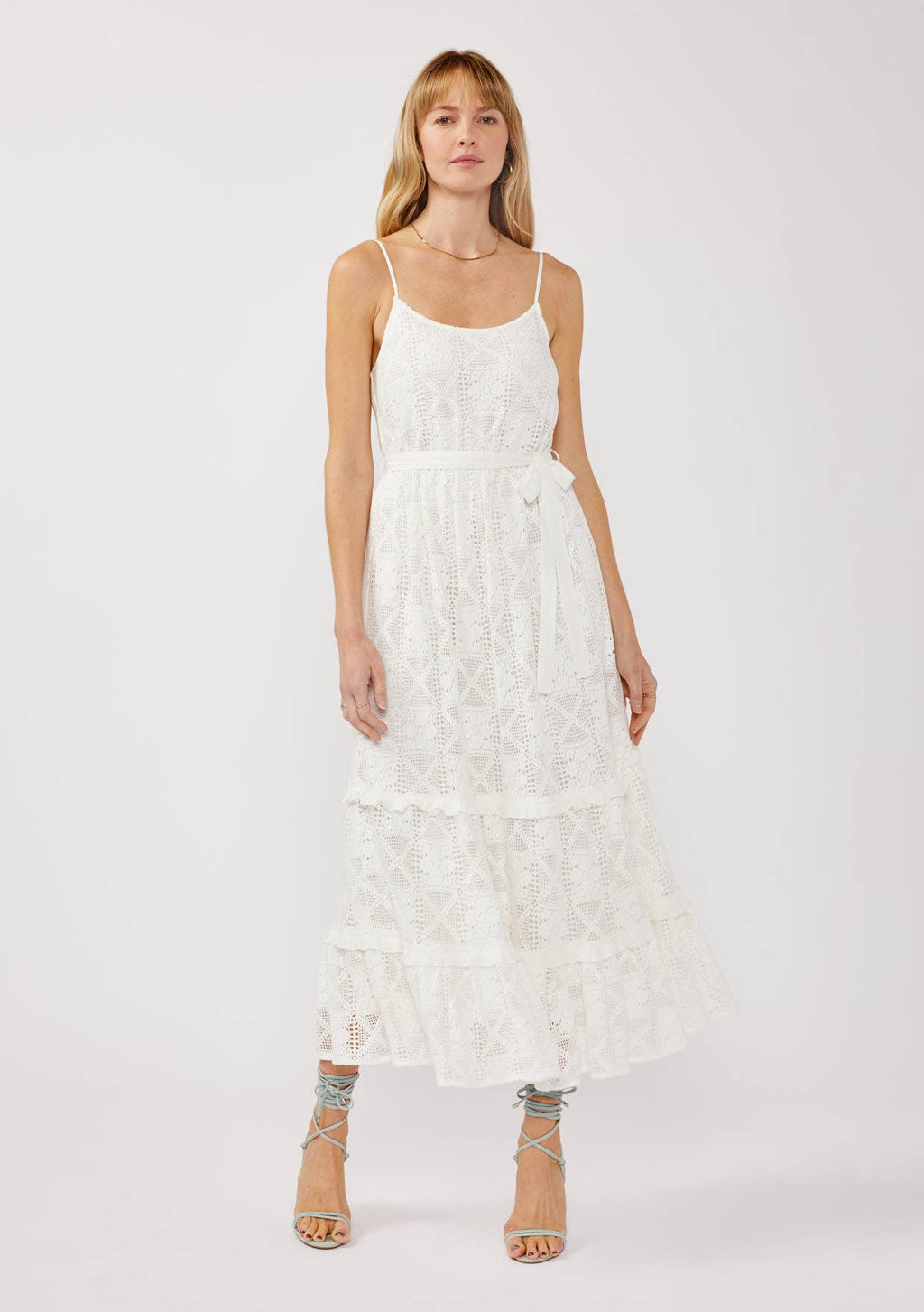 Spaghetti Strap Tiered Maxi Dress with Waist Tie: WhitE