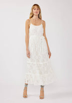 Spaghetti Strap Tiered Maxi Dress with Waist Tie: WhitE