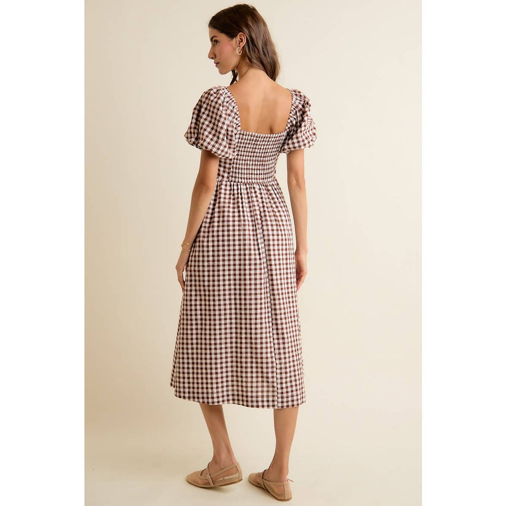 Brown GINGHAM LACE TRIM PUFF SLEEVES LINED MIDI DRESS