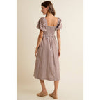 Brown GINGHAM LACE TRIM PUFF SLEEVES LINED MIDI DRESS