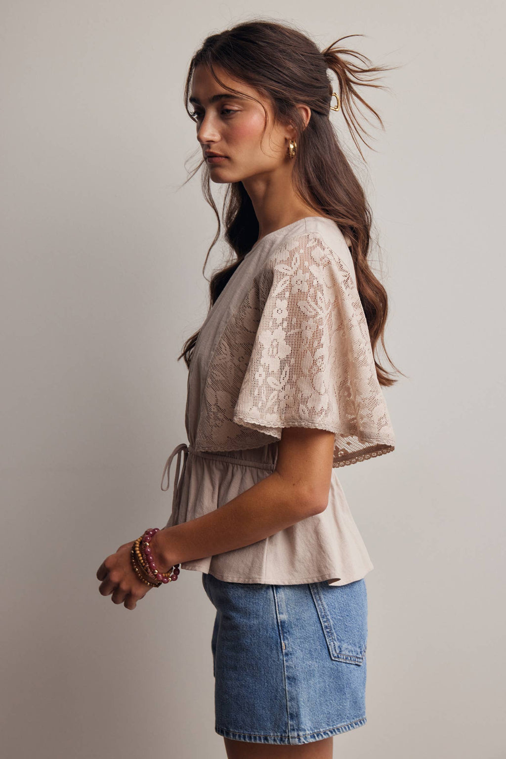 ASH Lace Cape Sleeve Cotton Peplum Top