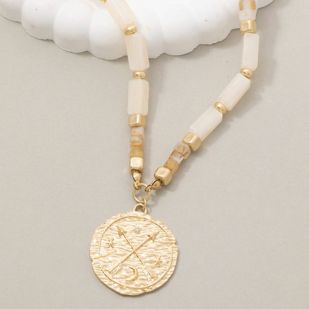 White Gold Ivory Arrow Coin Pendant Rectangle Acrylic Beaded Necklace