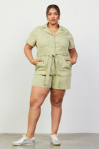 SWEET PEA Plus Size Washed Short Sleeve Utility Romper