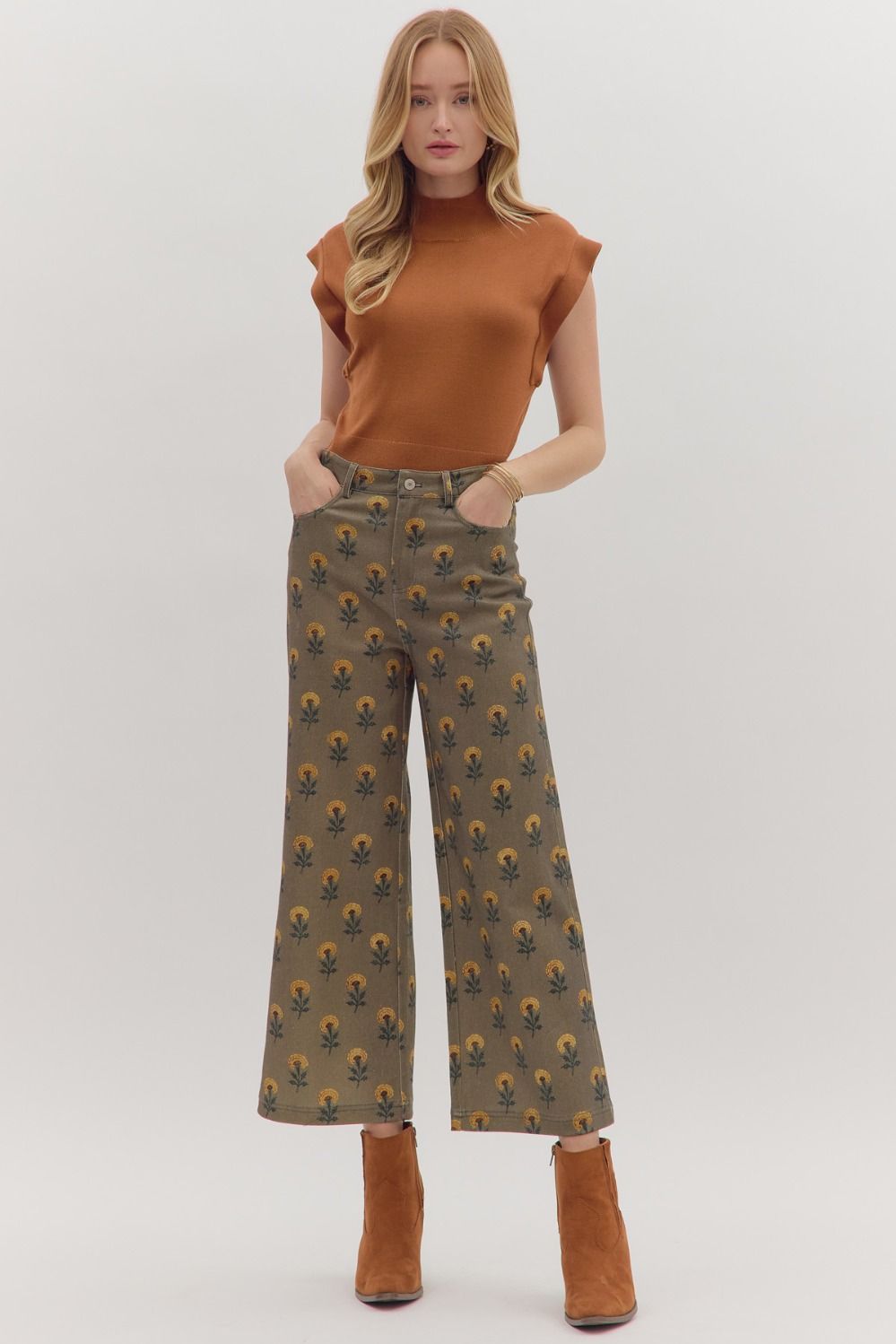 Olive Wide Leg Floral Pant