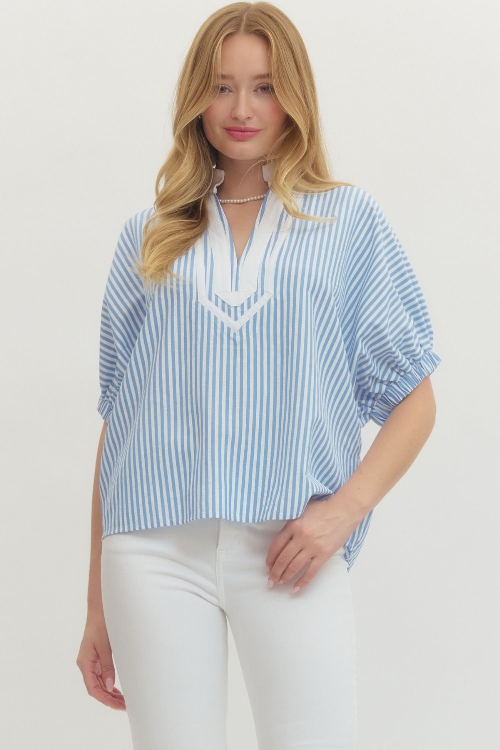 Plus Lt Blue Striped Dolman Sleeve White Contrast V-Neck Blouse