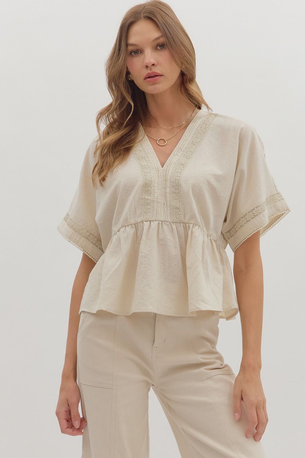 ECRU PEPLUM BLOUSE WITH LACE DETAIL