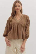 Brown V-Neck Blouse w/Stitching details – ENTRO – view 3