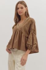 Brown V-Neck Blouse w/Stitching details – ENTRO – view 4