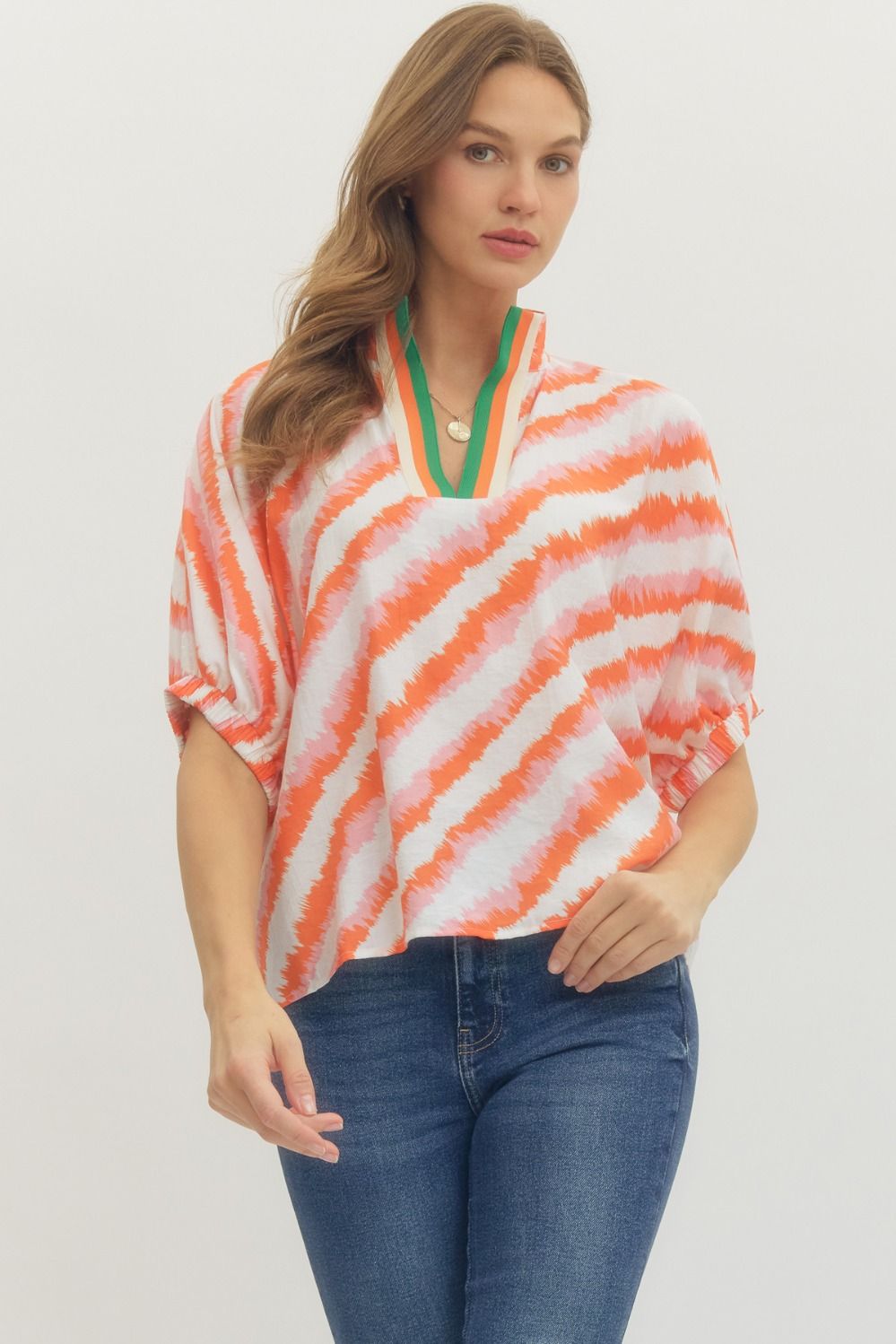 Orange/White Stripe Blouse W/Green Accent