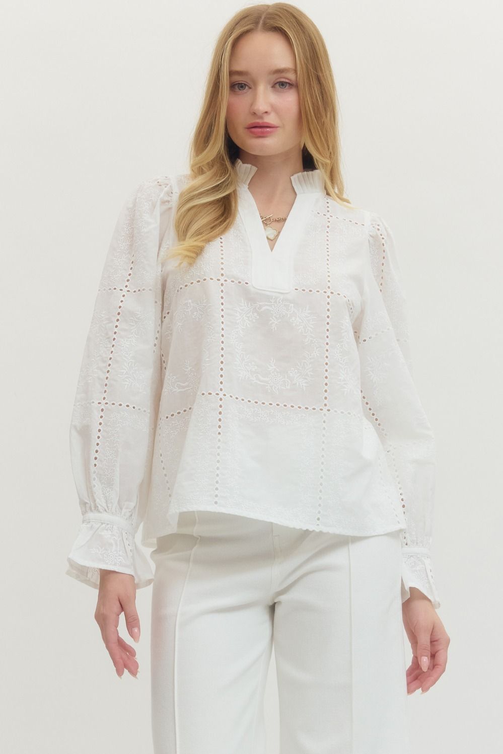 White Blouse W/Scallop Trim, Eyelet Cutouts