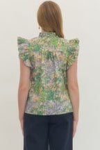 Peach Floral Print Ruffle Seeve Top
