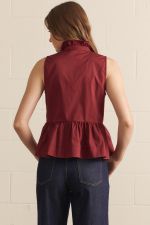 Black Solid Ruffle Collar Sleeveless Peplum Top with Ruffle Hem