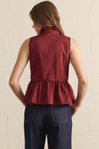 Black Solid Ruffle Collar Sleeveless Peplum Top with Ruffle Hem