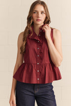 Black Solid Ruffle Collar Sleeveless Peplum Top with Ruffle Hem