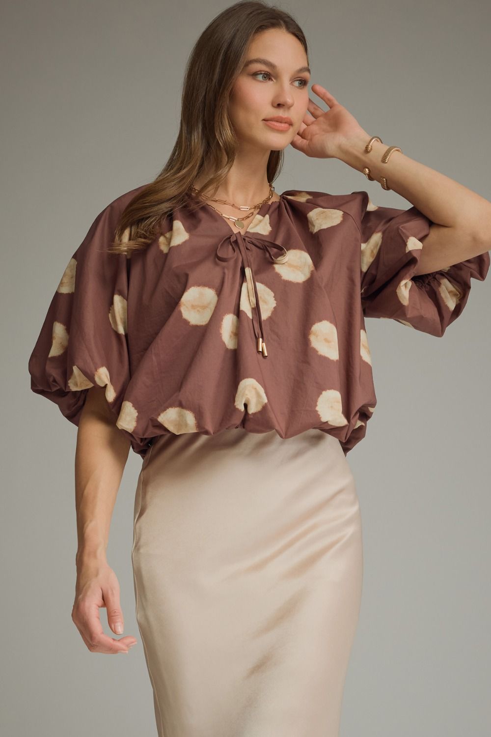 Brown Dot Print V-Neck Puff Sleeve Top