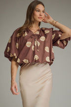 Brown Dot Print V-Neck Puff Sleeve Top