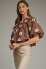 Brown Dot Print V-Neck Puff Sleeve Top