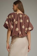 Brown Dot Print V-Neck Puff Sleeve Top